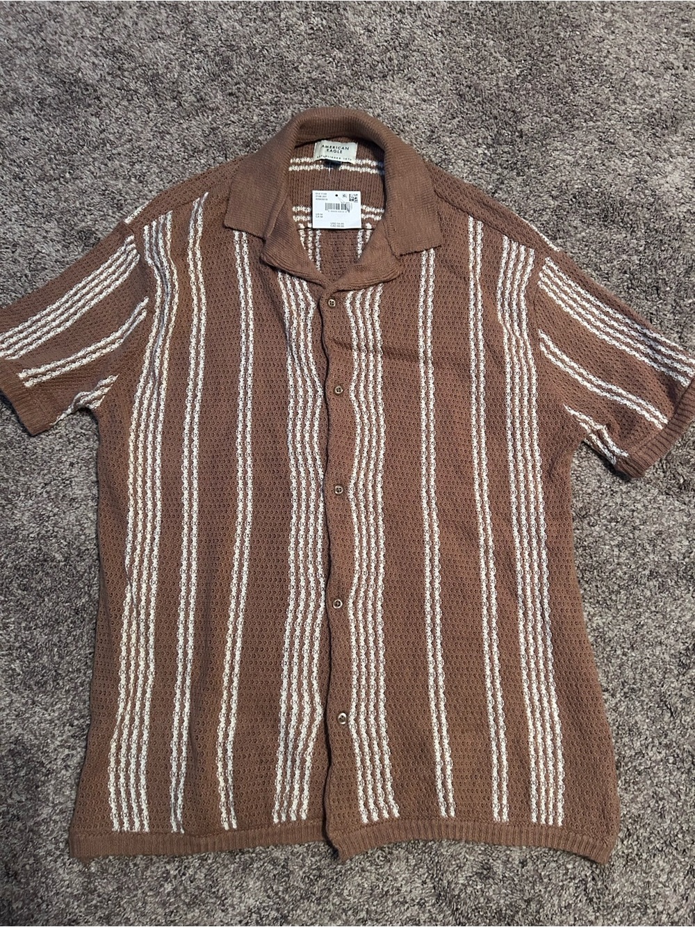 🐻American Eagle Outfitters, Men’s Brown and Cream Striped Button-Down Sweater, M